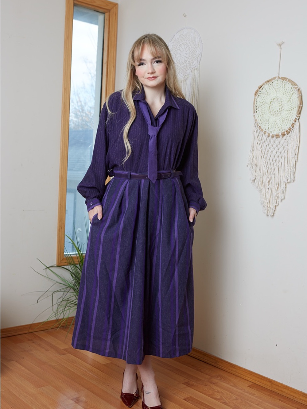 Vintage 80s Purple Striped Long Skirt Set with Belt 9.5